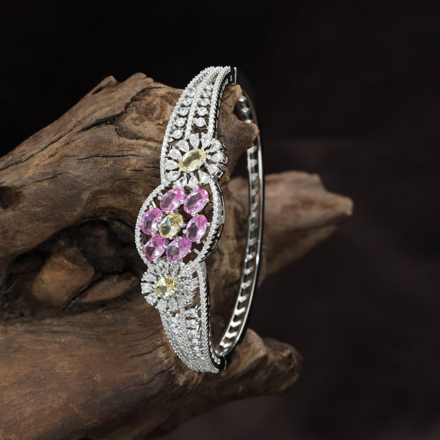 Floral Medallion Rhodium Kada with Oval Cluster Design