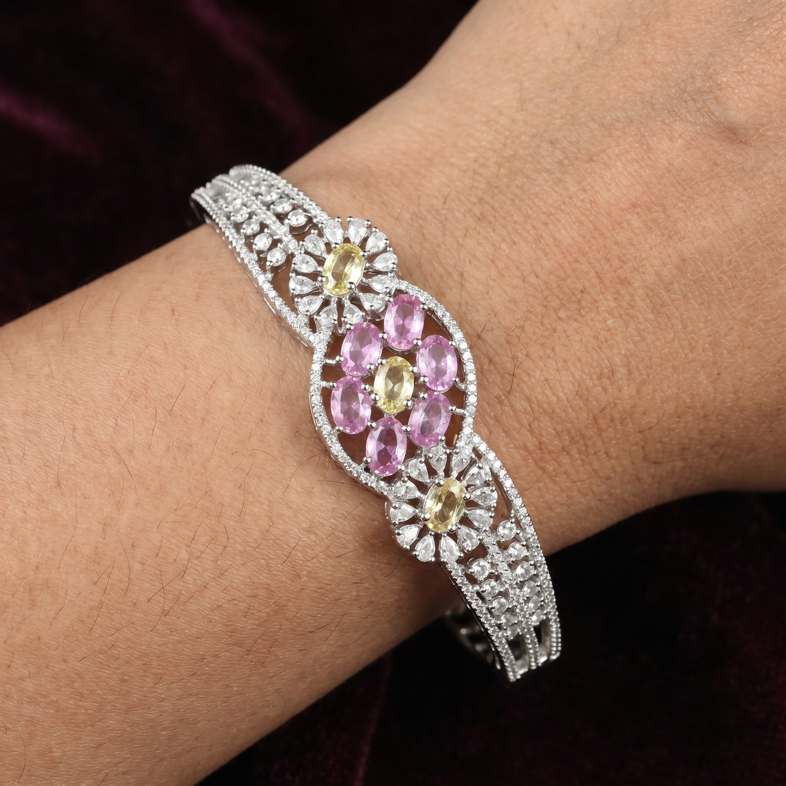 Floral Medallion Rhodium Kada with Oval Cluster Design