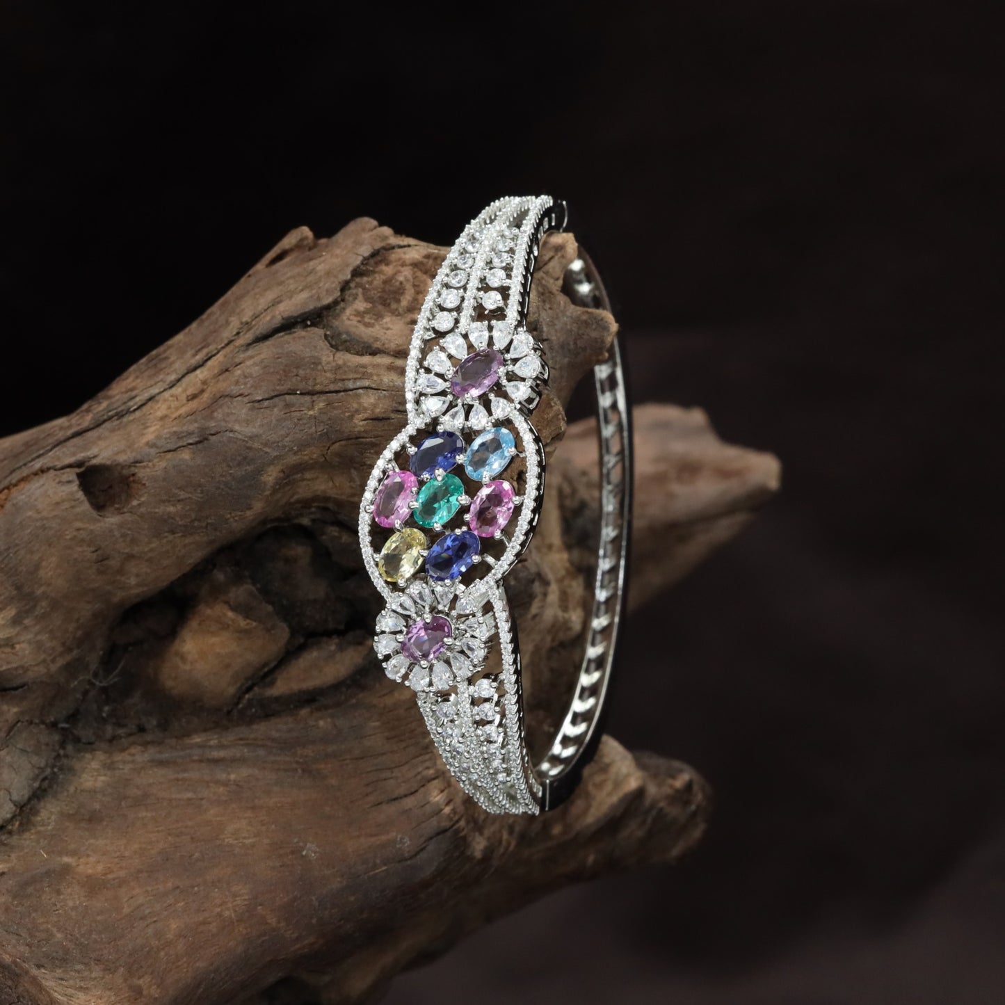 Floral Medallion Rhodium Kada with Oval Cluster Design