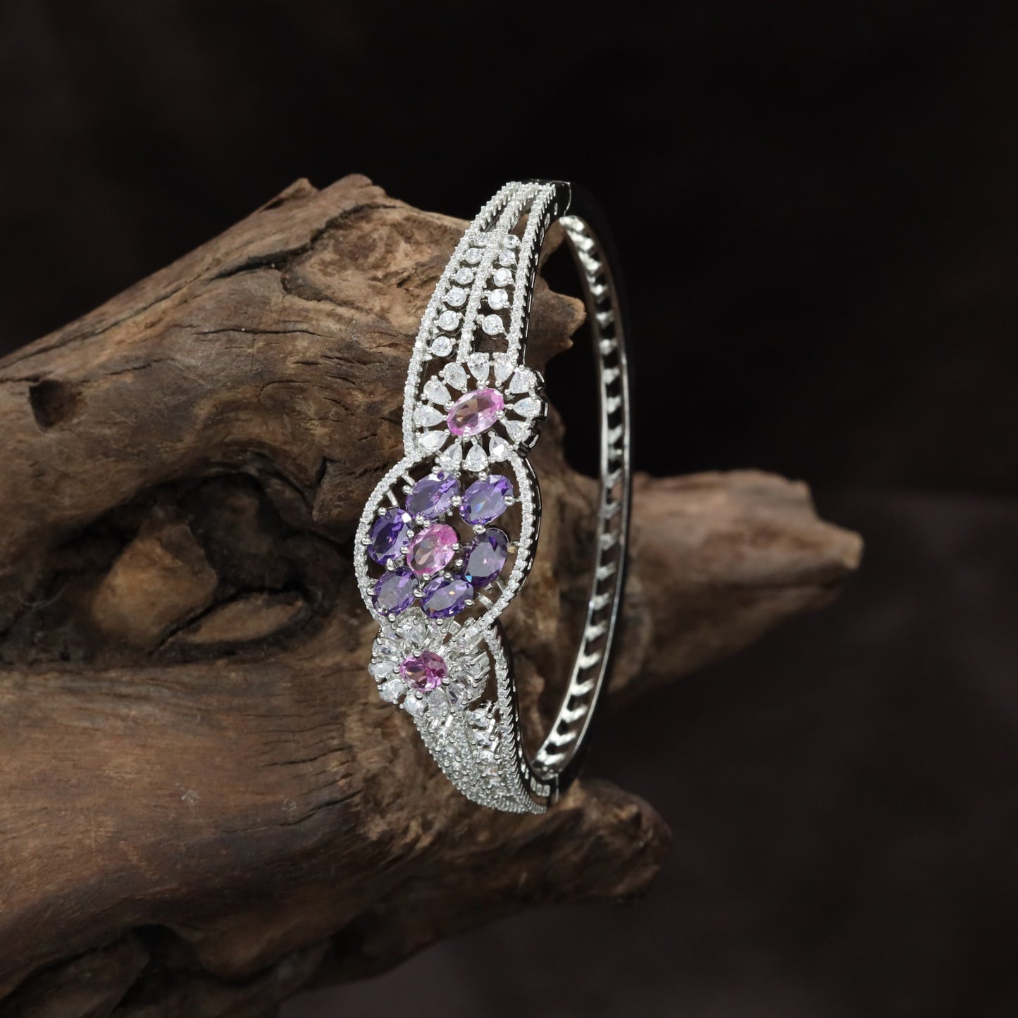 Floral Medallion Rhodium Kada with Oval Cluster Design