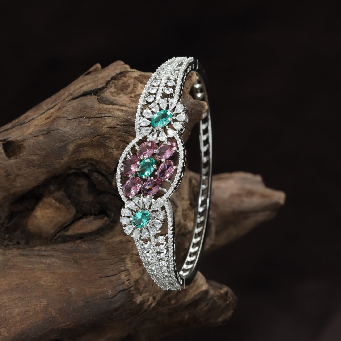 Floral Medallion Rhodium Kada with Oval Cluster Design