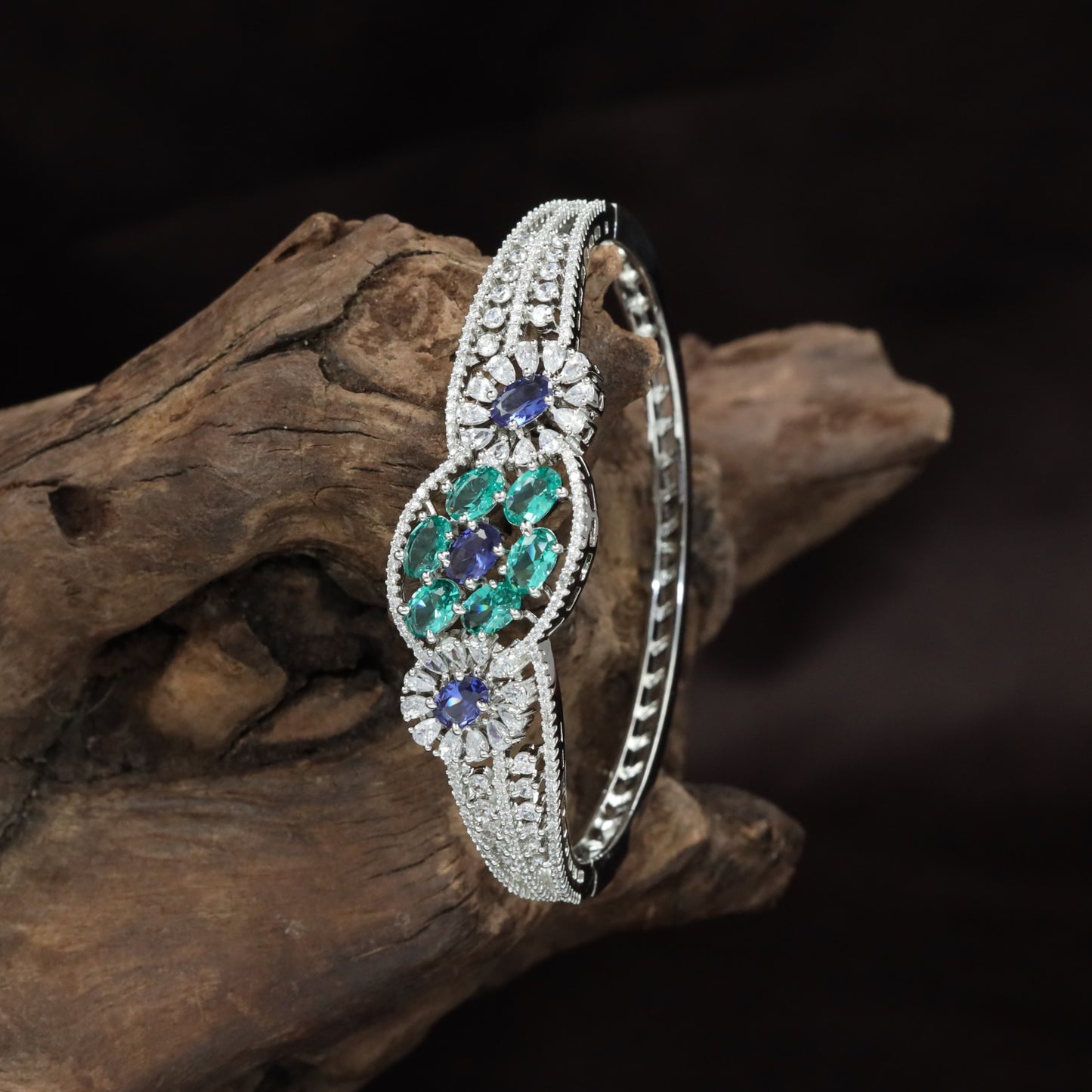 Floral Medallion Rhodium Kada with Oval Cluster Design