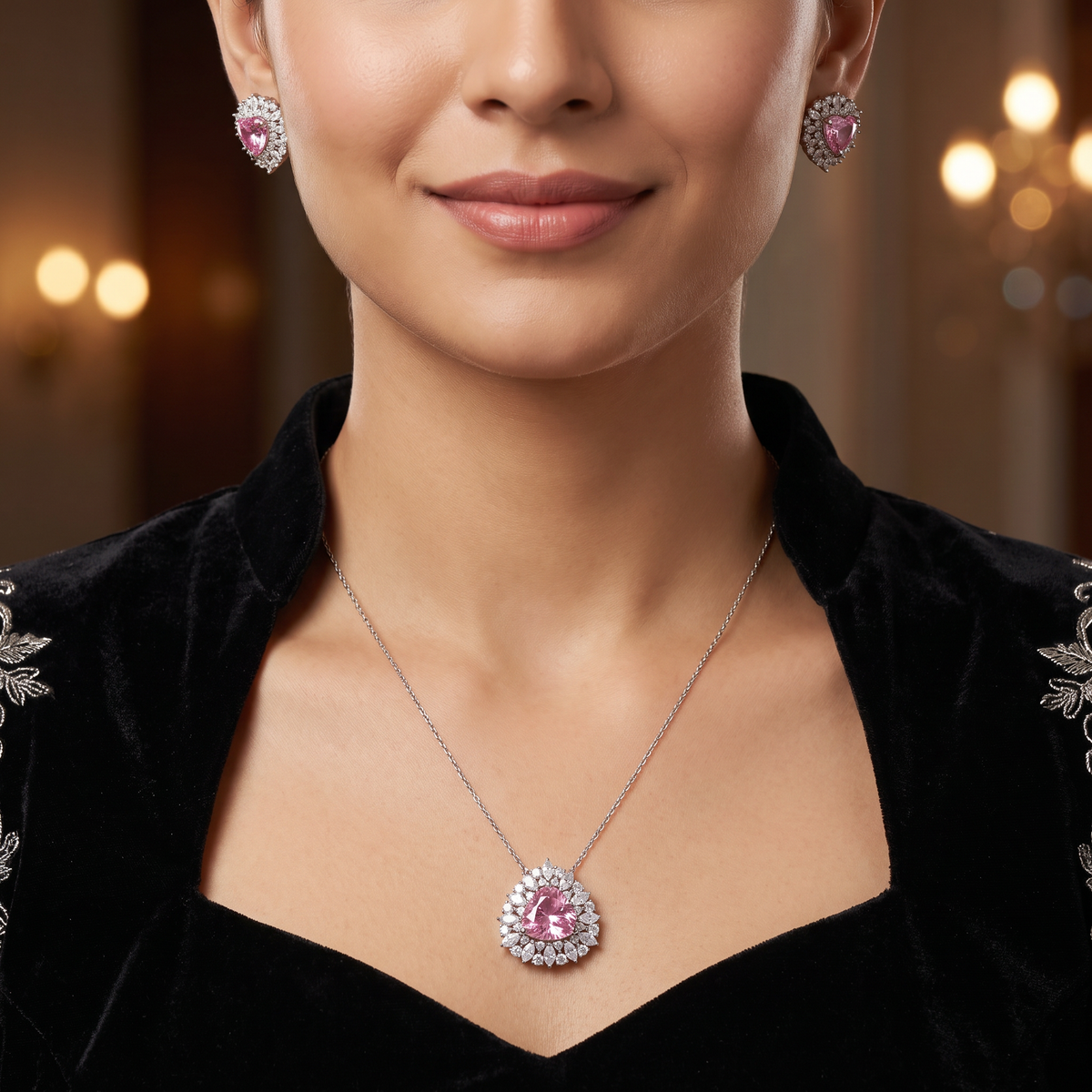 Elegant pendant chain set with a floral burst frame and teardrop focal element