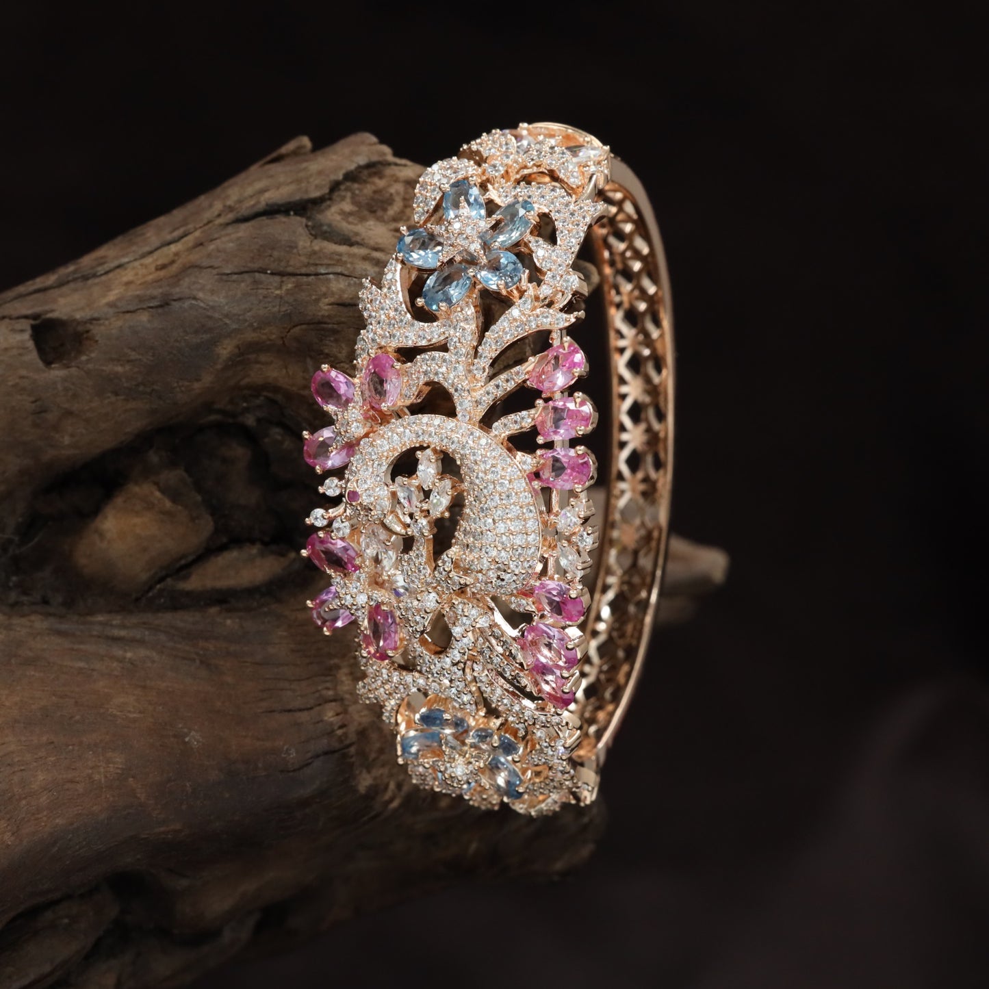 Peacock Motif Rose Gold Kada with Floral Feather Design