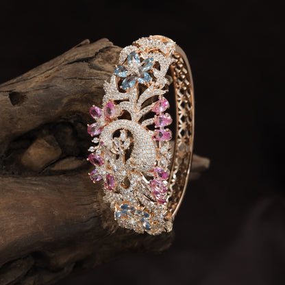 Peacock Motif Rose Gold Kada with Floral Feather Design