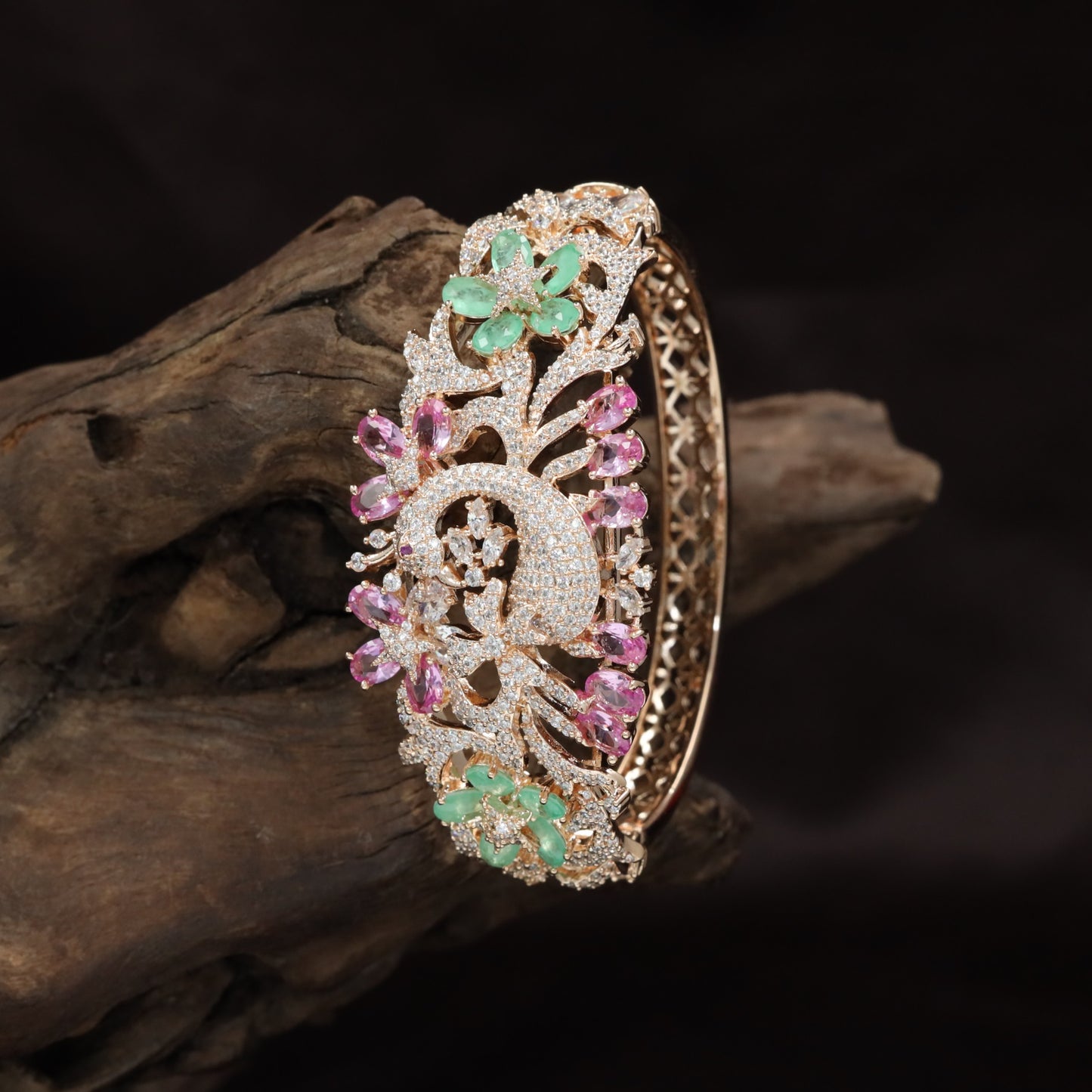 Peacock Motif Rose Gold Kada with Floral Feather Design