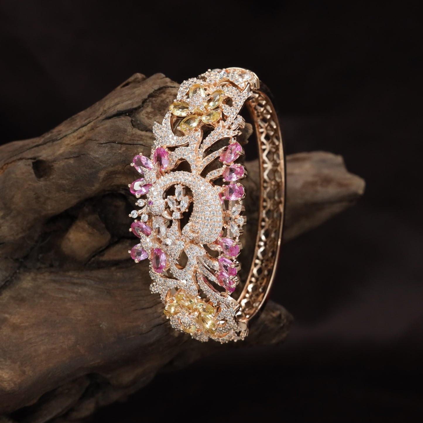 Peacock Motif Rose Gold Kada with Floral Feather Design