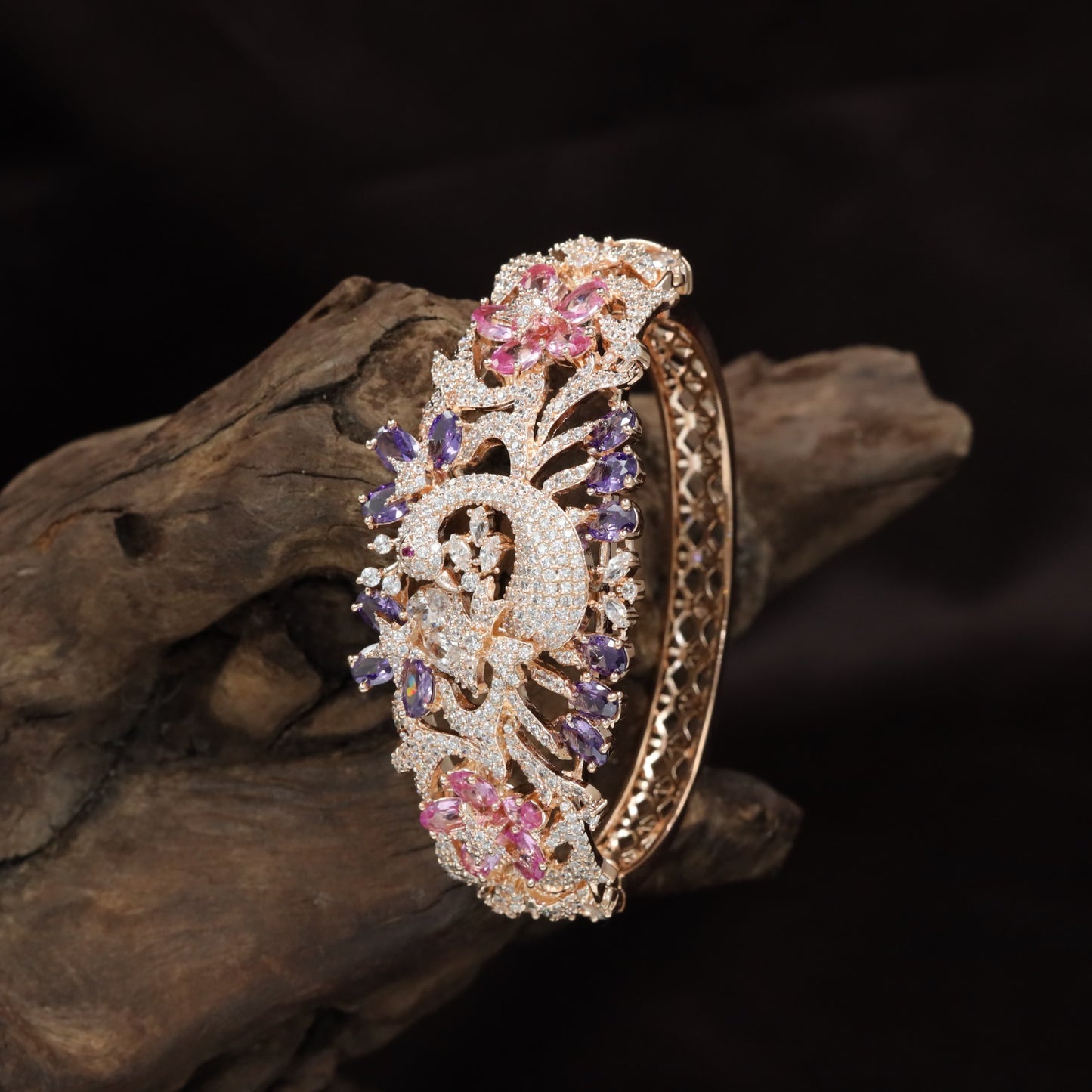 Peacock Motif Rose Gold Kada with Floral Feather Design