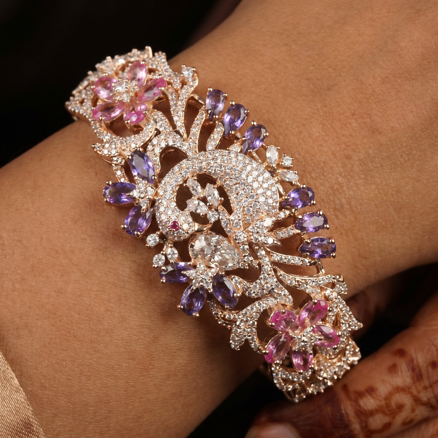 Peacock Motif Rose Gold Kada with Floral Feather Design