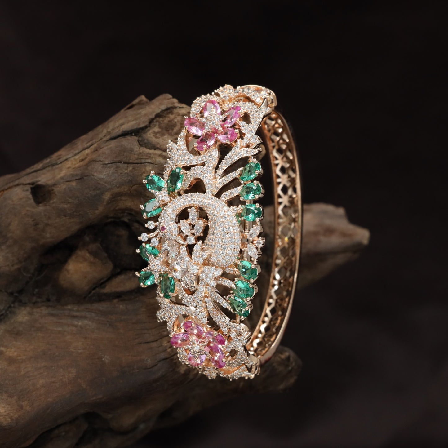 Peacock Motif Rose Gold Kada with Floral Feather Design