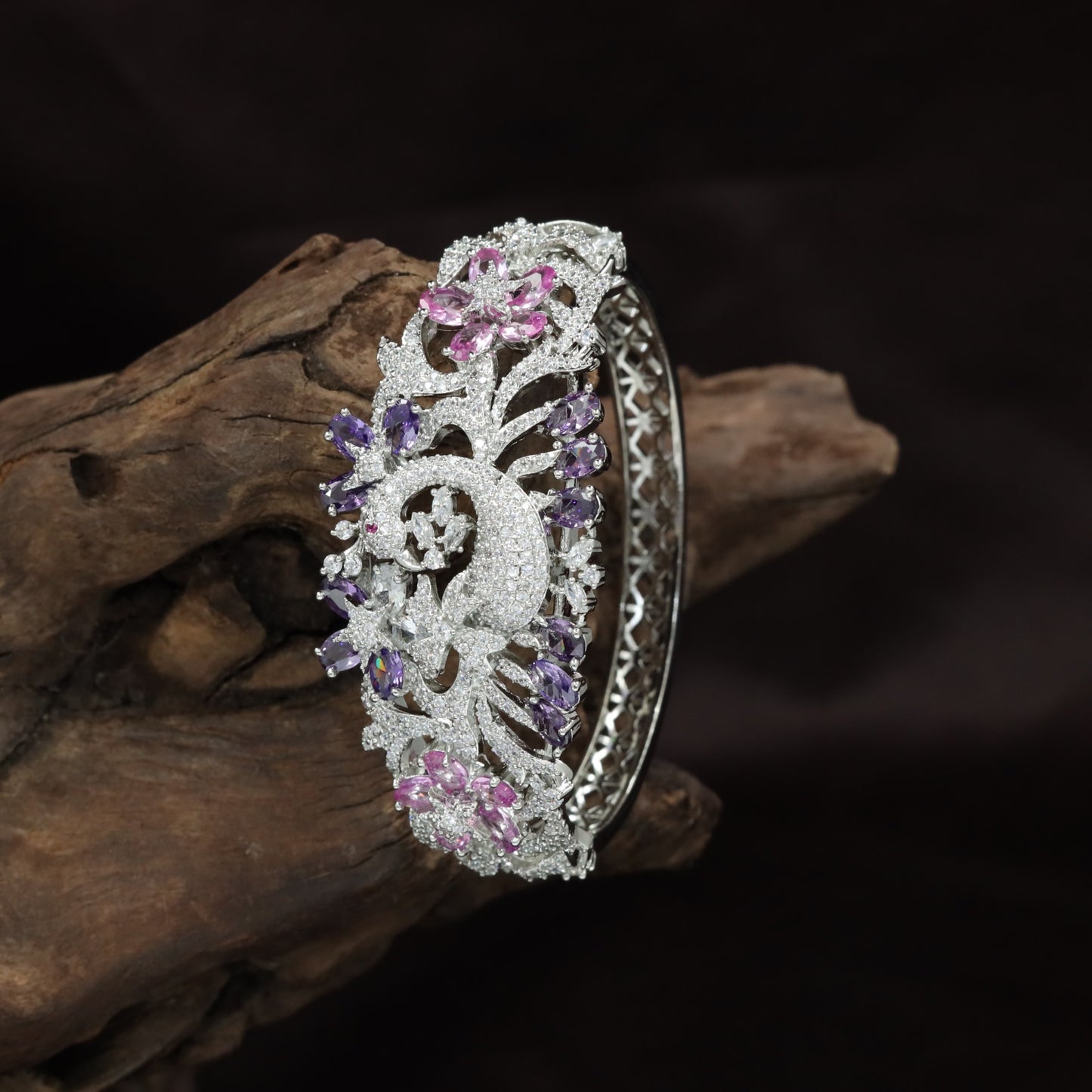 Peacock Motif Rose Gold Kada with Floral Feather Design