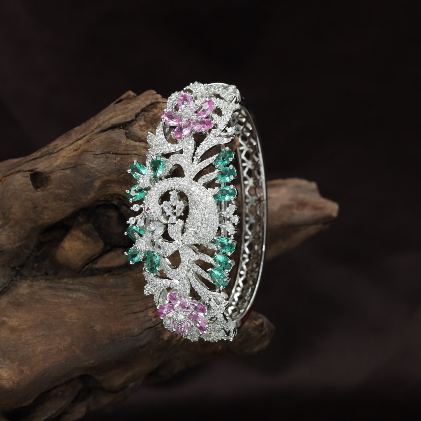 Peacock Motif Rose Gold Kada with Floral Feather Design