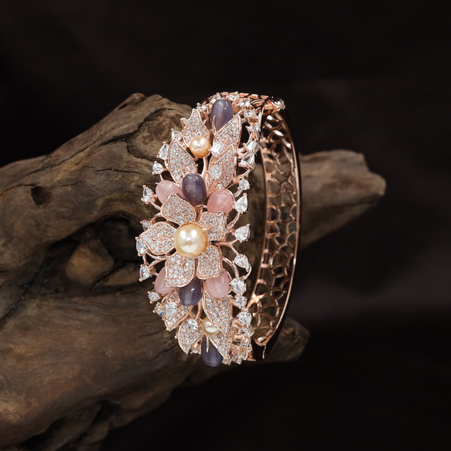 Floral Bouquet Rose Gold Kada with Layered Petal Styling