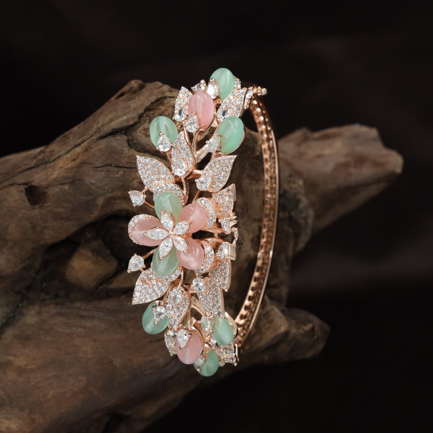 Ornamental Floral Rose Gold Kada with Layered Botanical Elements