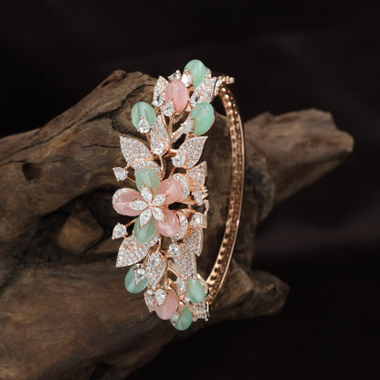 Ornamental Floral Rose Gold Kada with Layered Botanical Elements