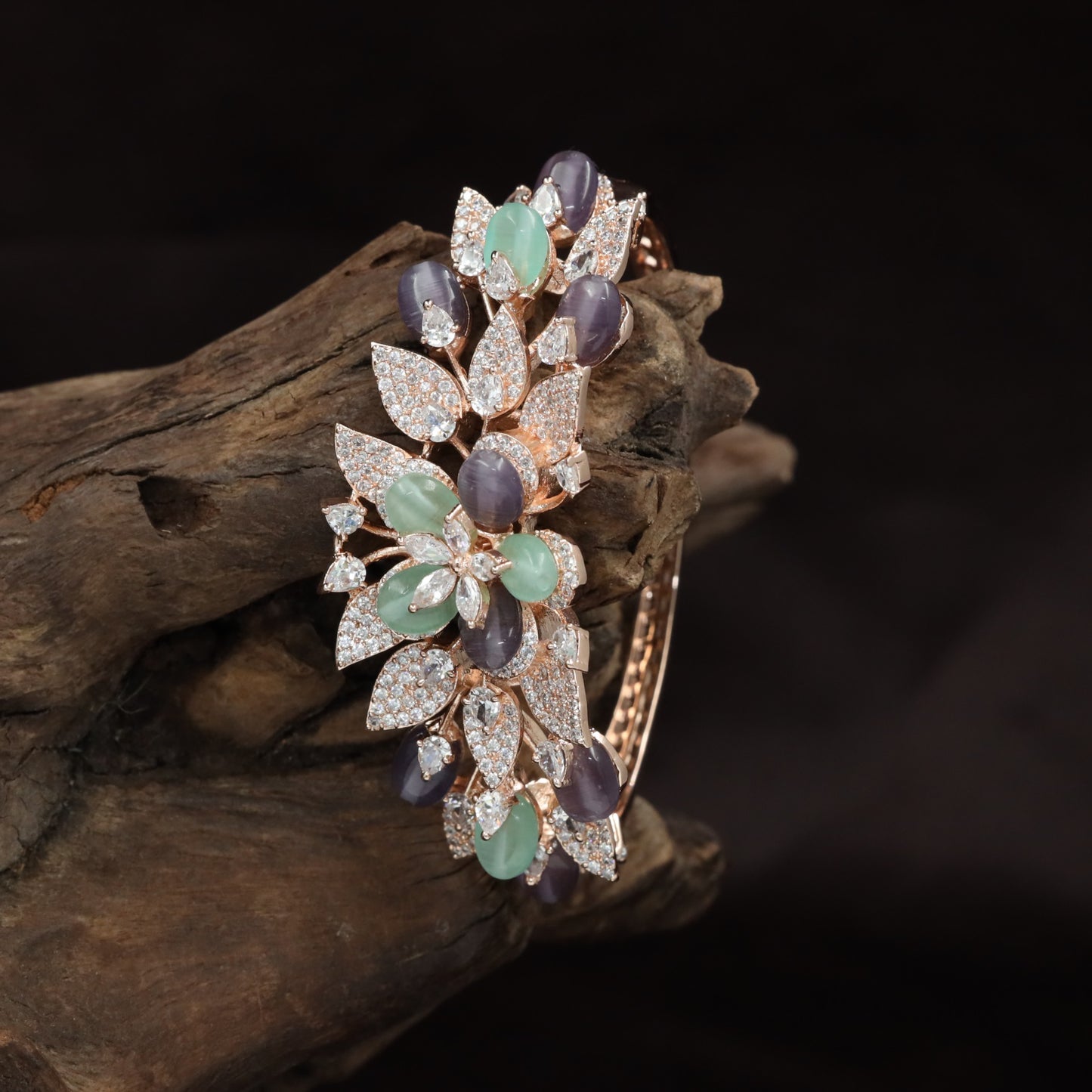 Ornamental Floral Rose Gold Kada with Layered Botanical Elements