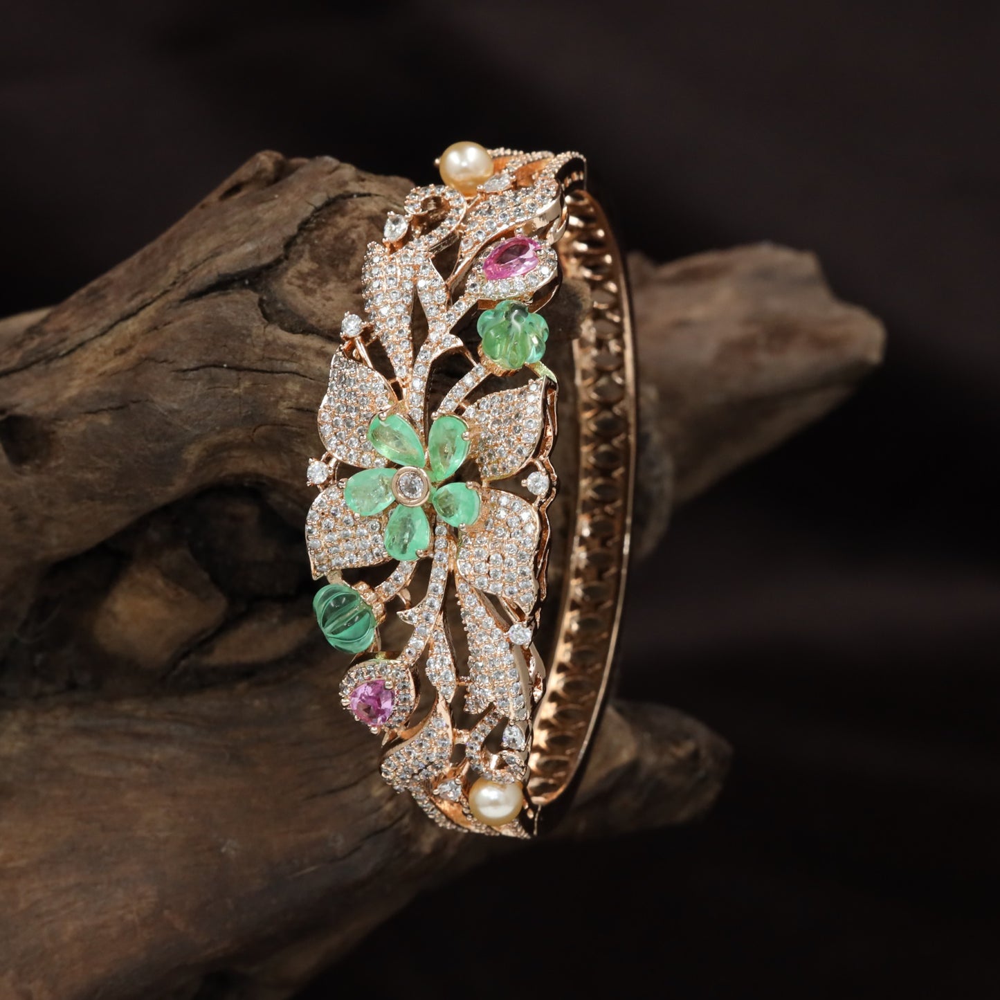 Bloom Spray Rose Gold Kada with Leaf Pattern Styling