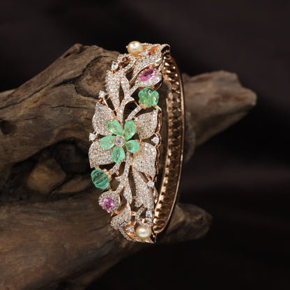 Bloom Spray Rose Gold Kada with Leaf Pattern Styling