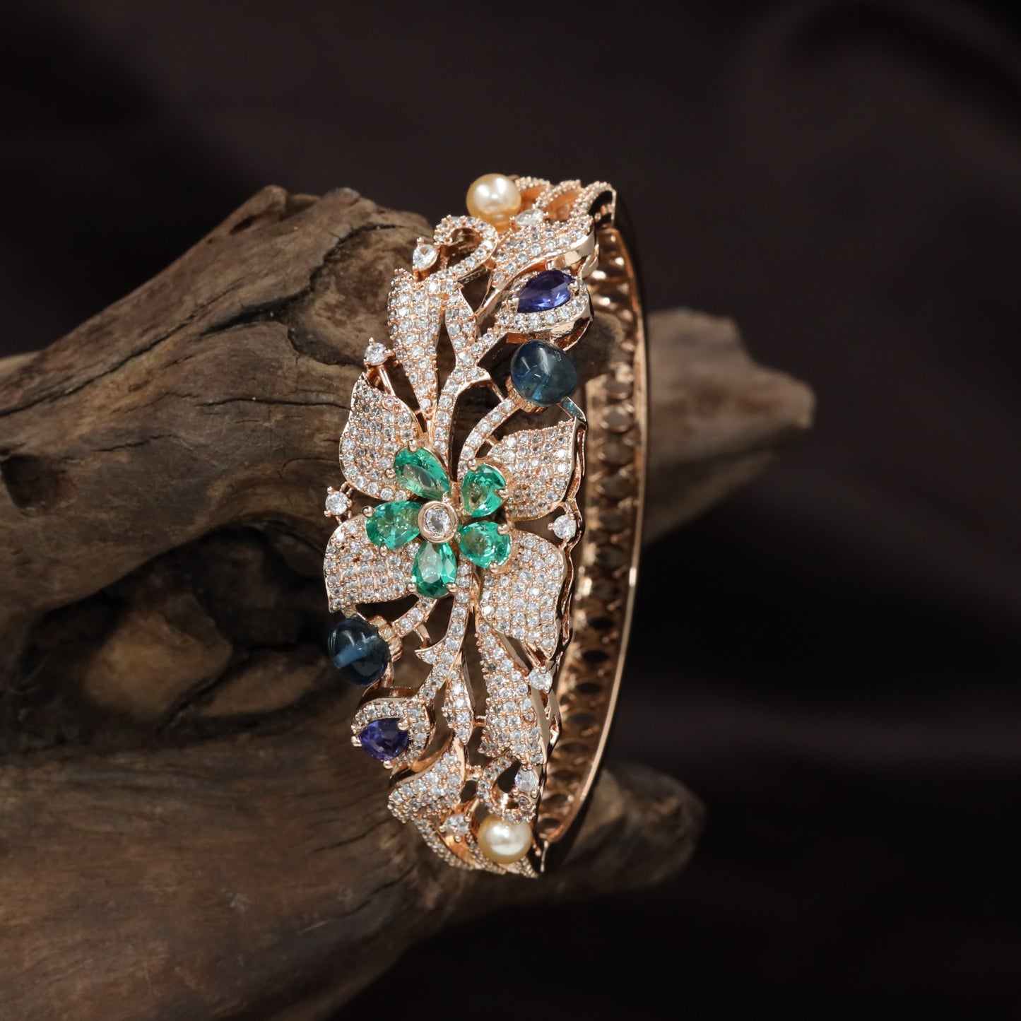Bloom Spray Rose Gold Kada with Leaf Pattern Styling
