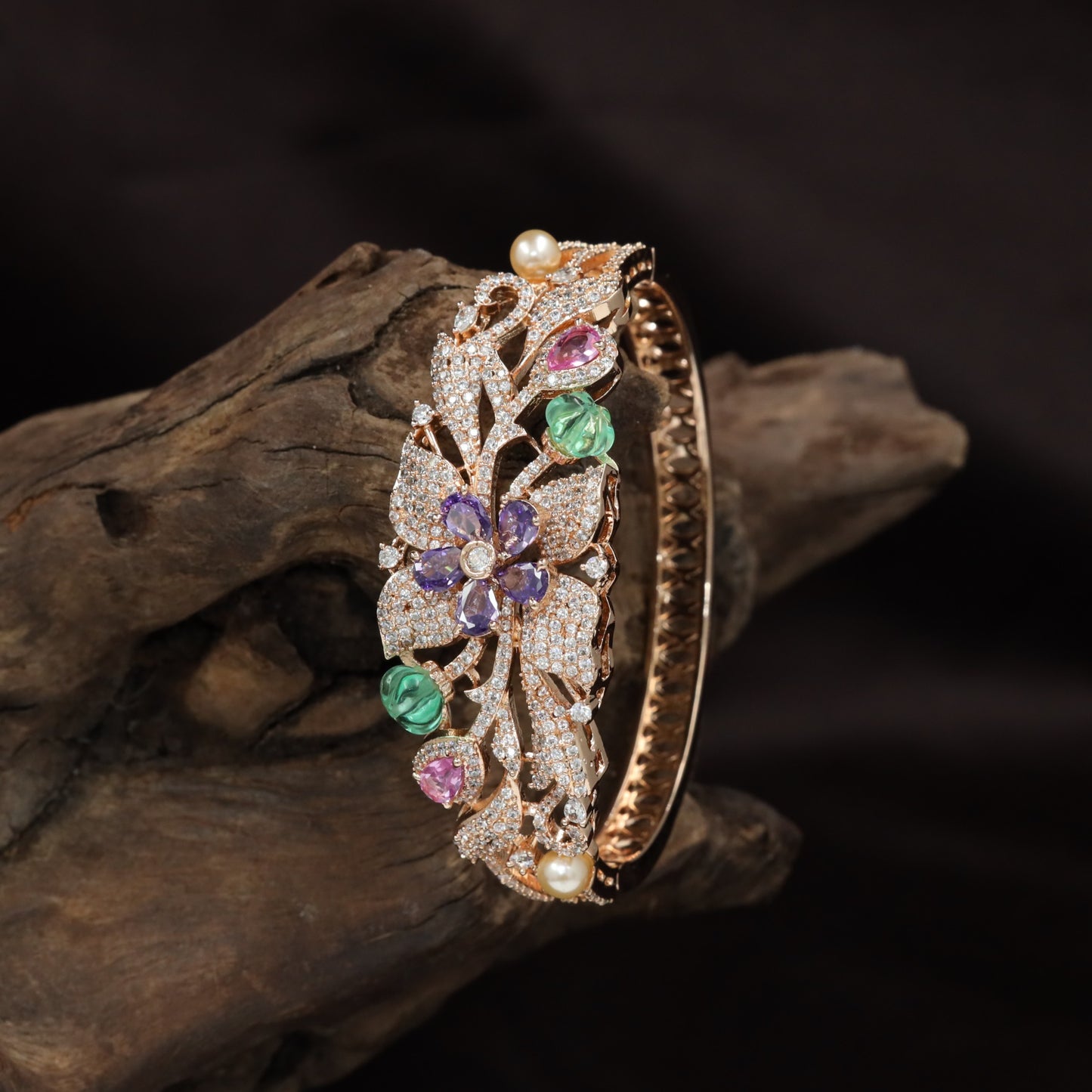 Bloom Spray Rose Gold Kada with Leaf Pattern Styling