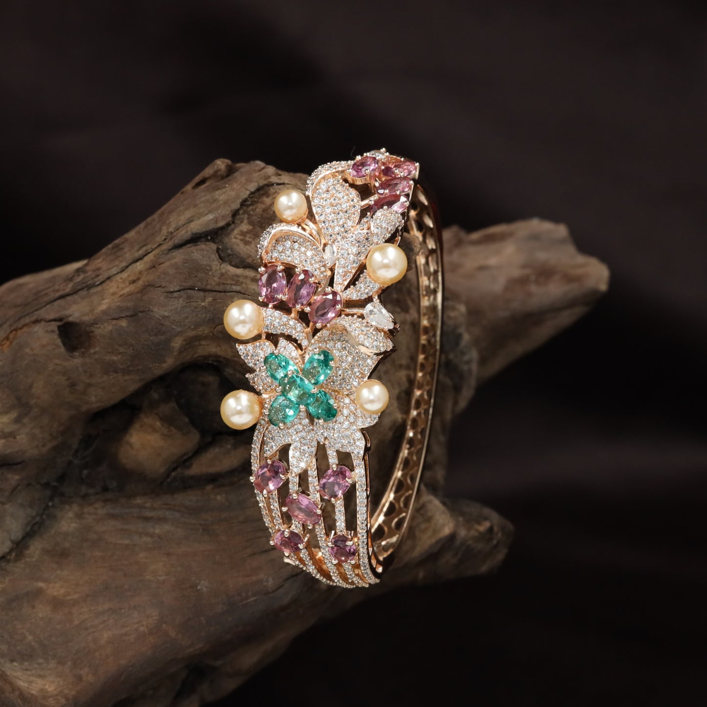 Bloom Spray Rose Gold Kada with Leaf Pattern Styling