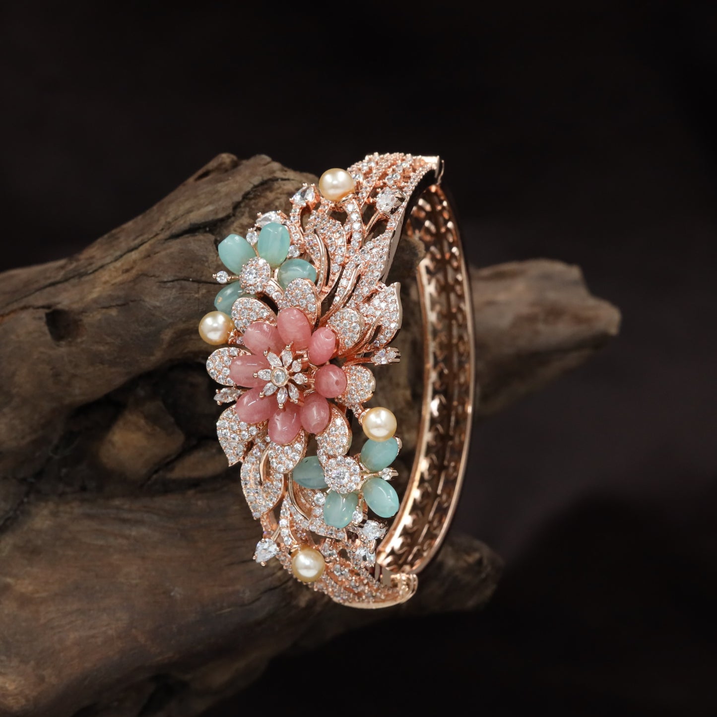 Floral Medallion Rose Gold Kada with Decorative Leaves