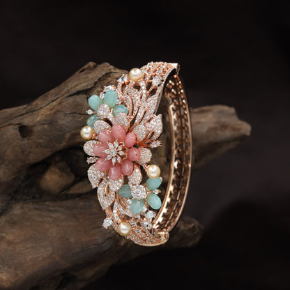 Floral Medallion Rose Gold Kada with Decorative Leaves