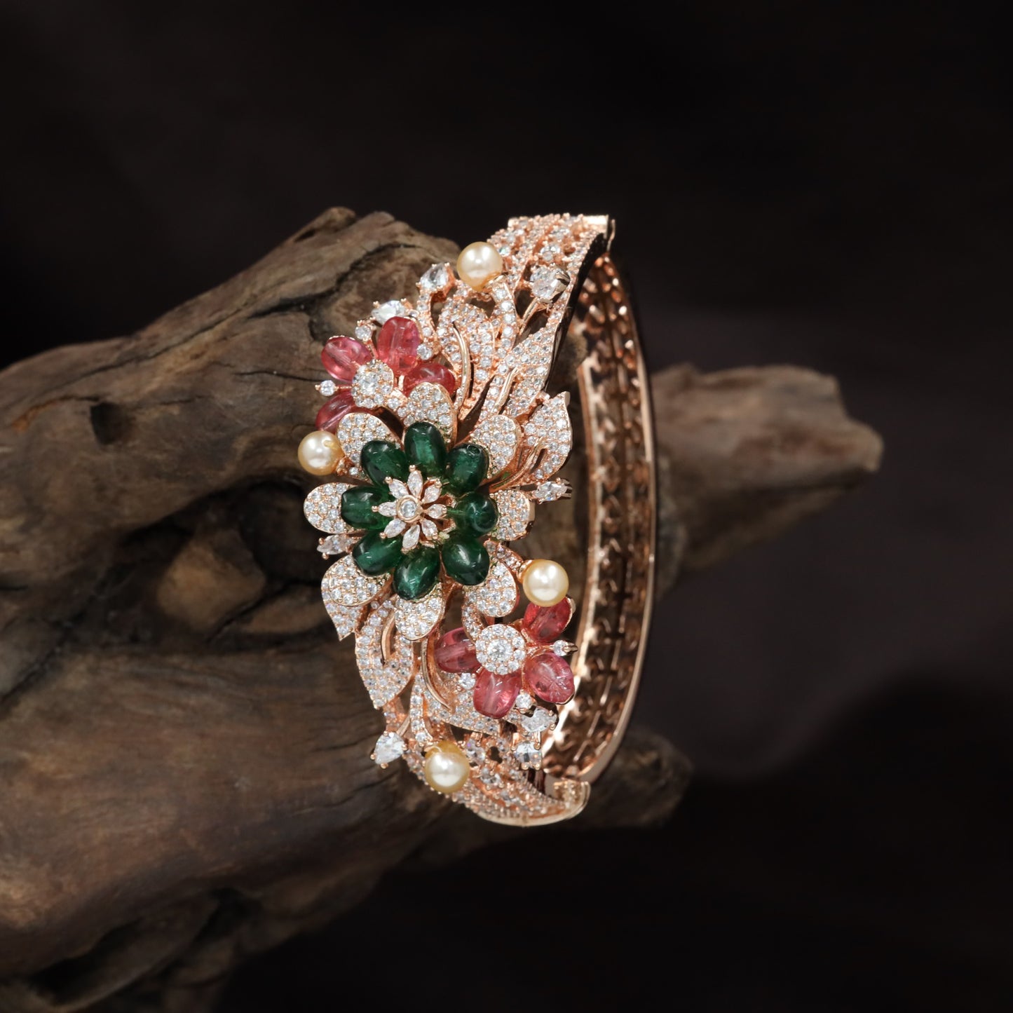 Floral Medallion Rose Gold Kada with Decorative Leaves