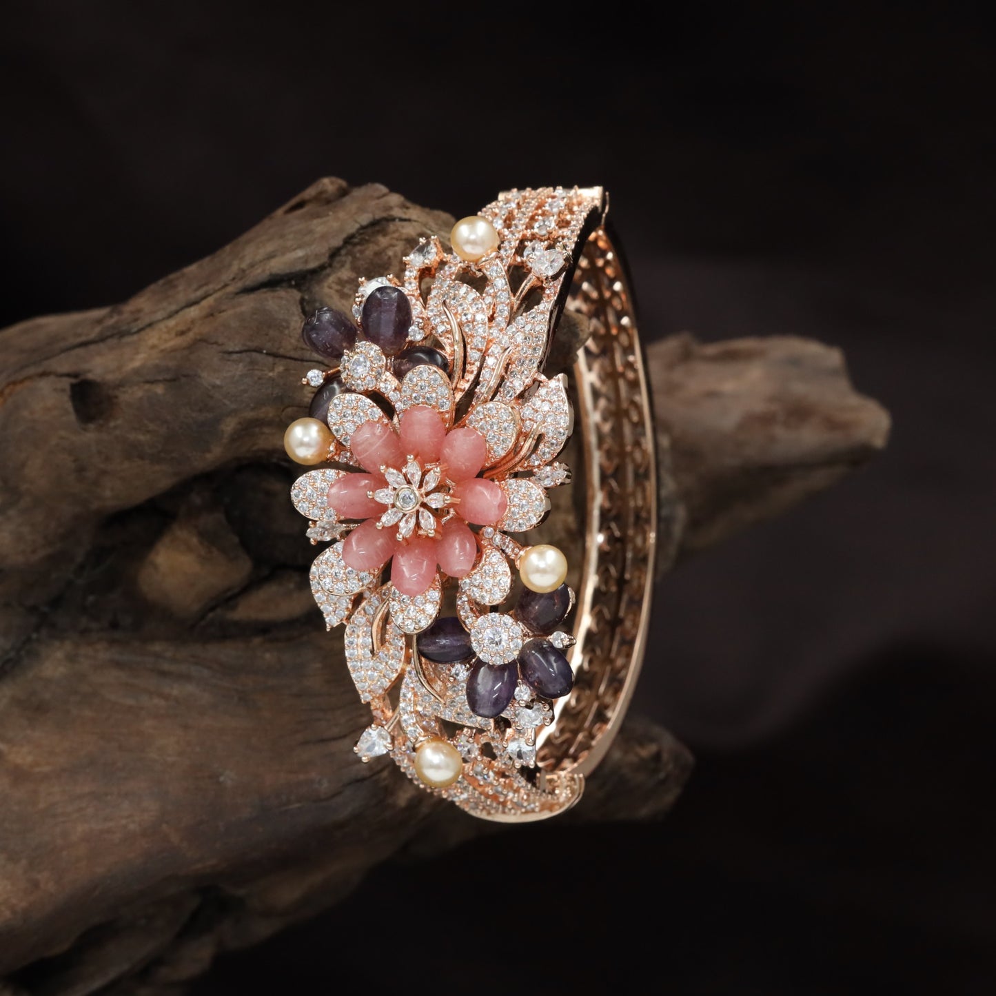 Floral Medallion Rose Gold Kada with Decorative Leaves