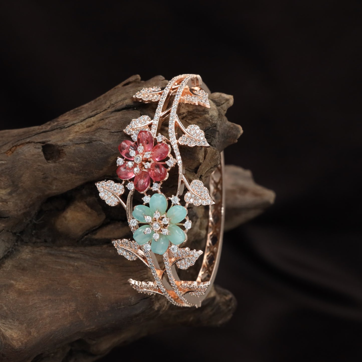 Twin Bloom Crystal Kada with Flowing Vine Design
