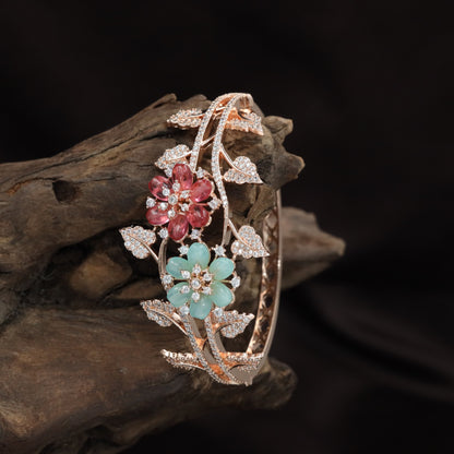 Twin Bloom Crystal Kada with Flowing Vine Design