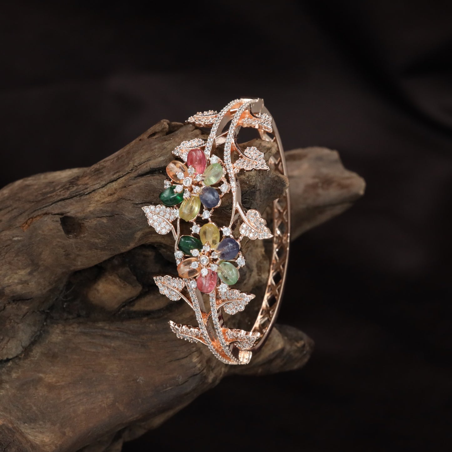 Twin Bloom Crystal Kada with Flowing Vine Design