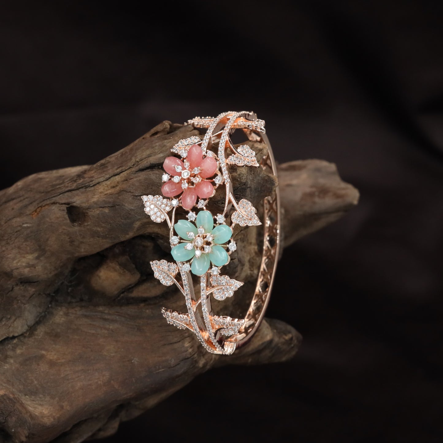 Twin Bloom Crystal Kada with Flowing Vine Design