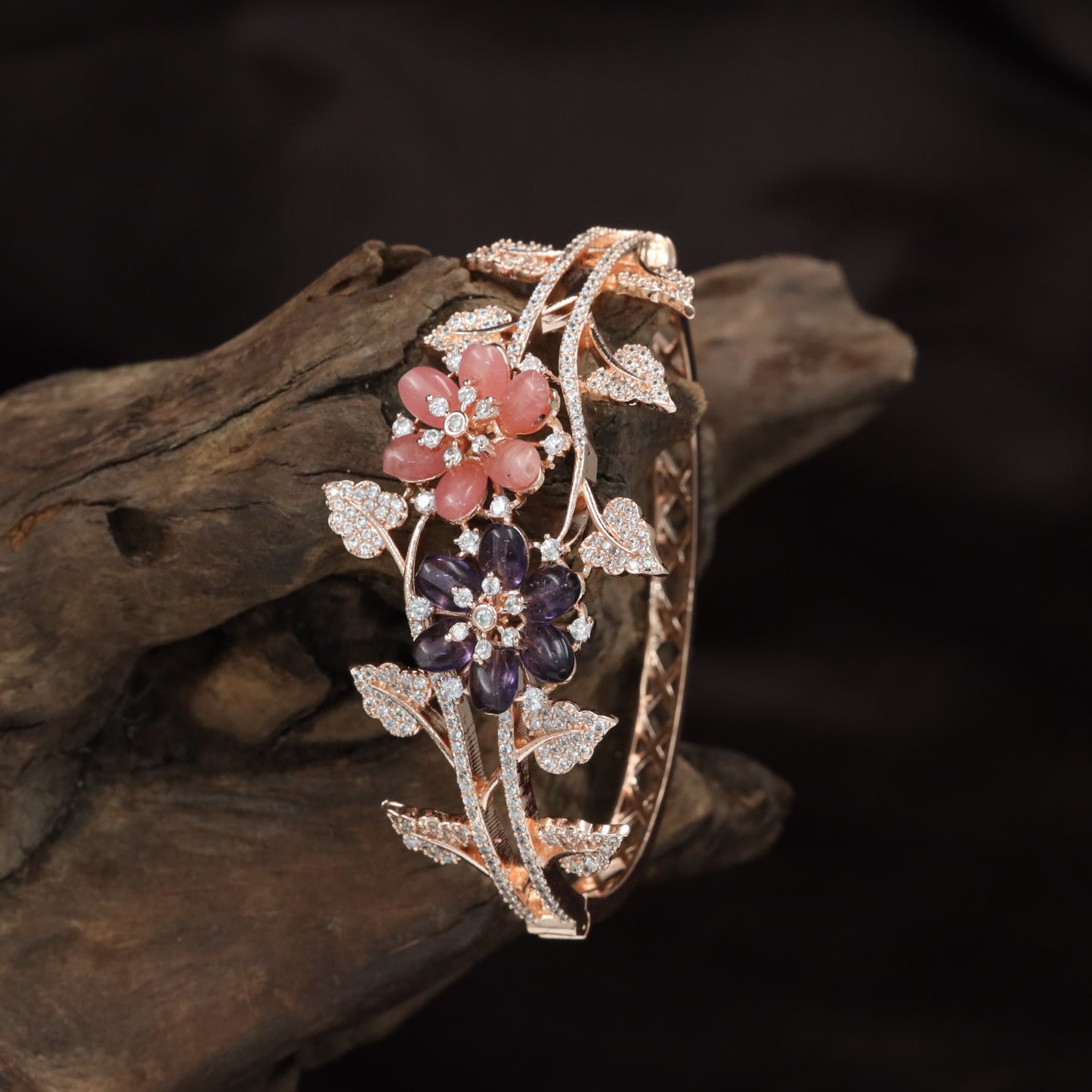 Twin Bloom Crystal Kada with Flowing Vine Design