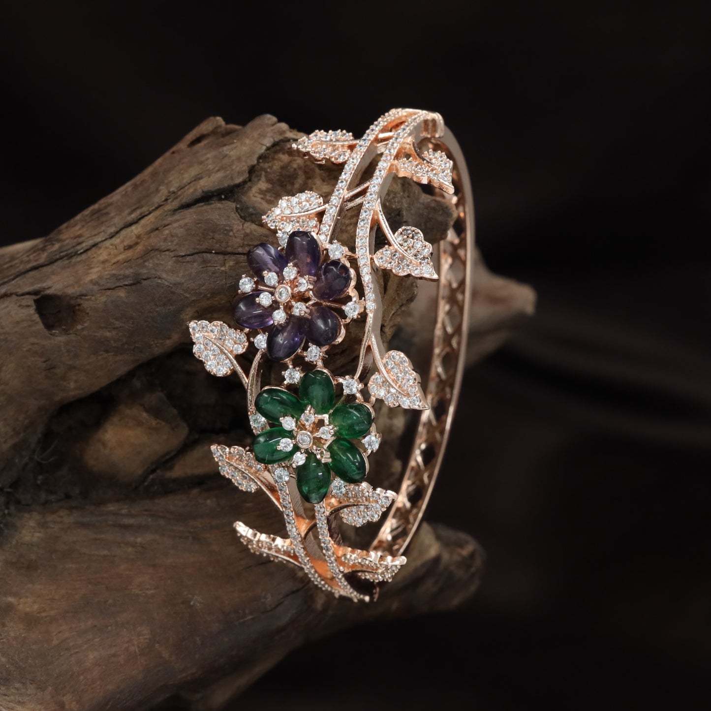 Twin Bloom Crystal Kada with Flowing Vine Design