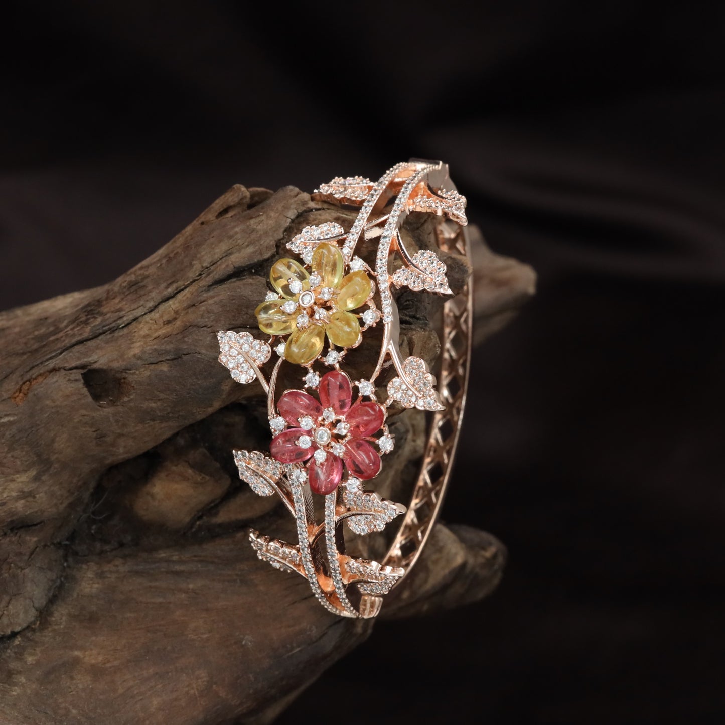 Twin Bloom Crystal Kada with Flowing Vine Design