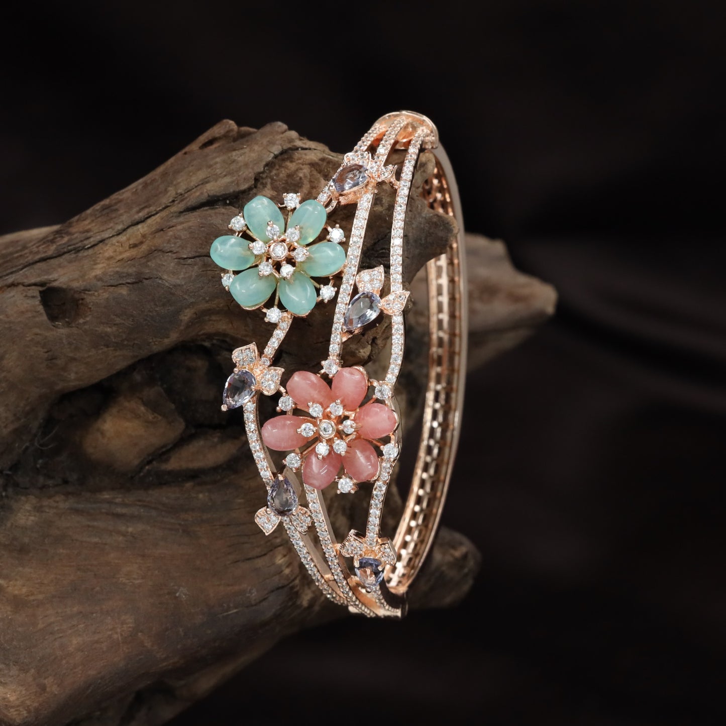 Rose Gold Kada with Twin Bloom Floral Arrangement