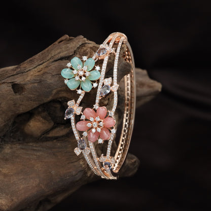 Rose Gold Kada with Twin Bloom Floral Arrangement