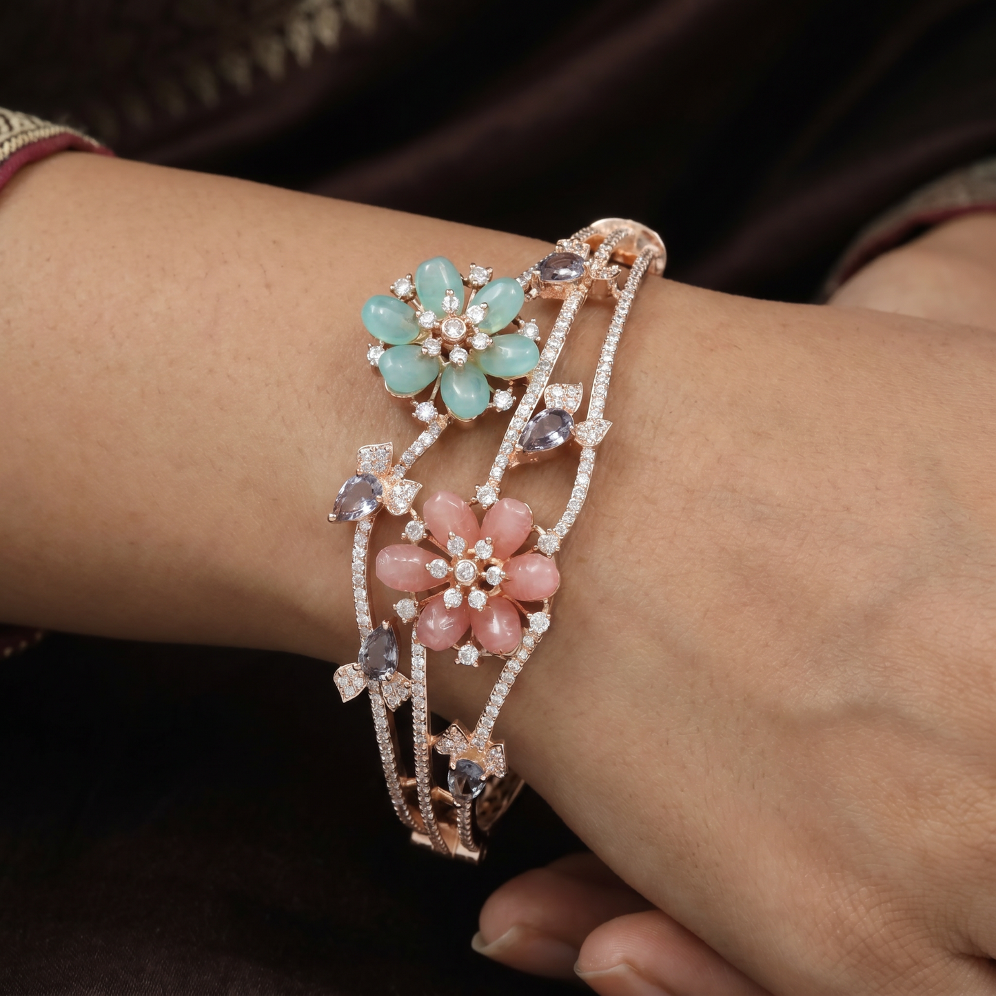 Rose Gold Kada with Twin Bloom Floral Arrangement