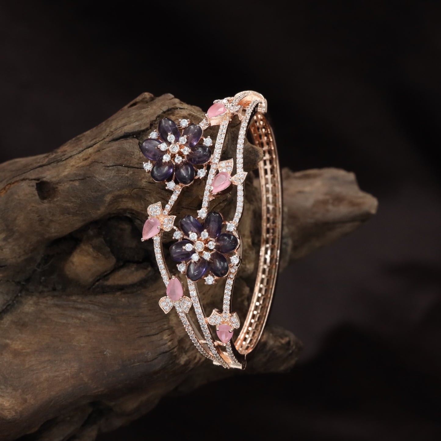 Rose Gold Kada with Twin Bloom Floral Arrangement