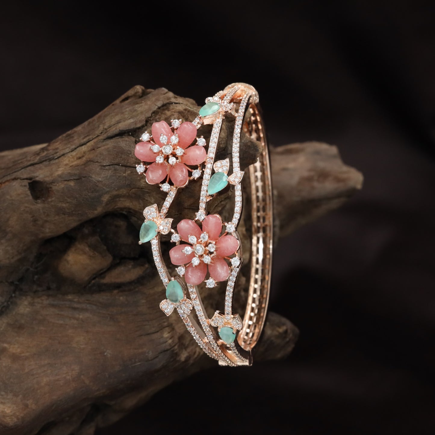 Rose Gold Kada with Twin Bloom Floral Arrangement