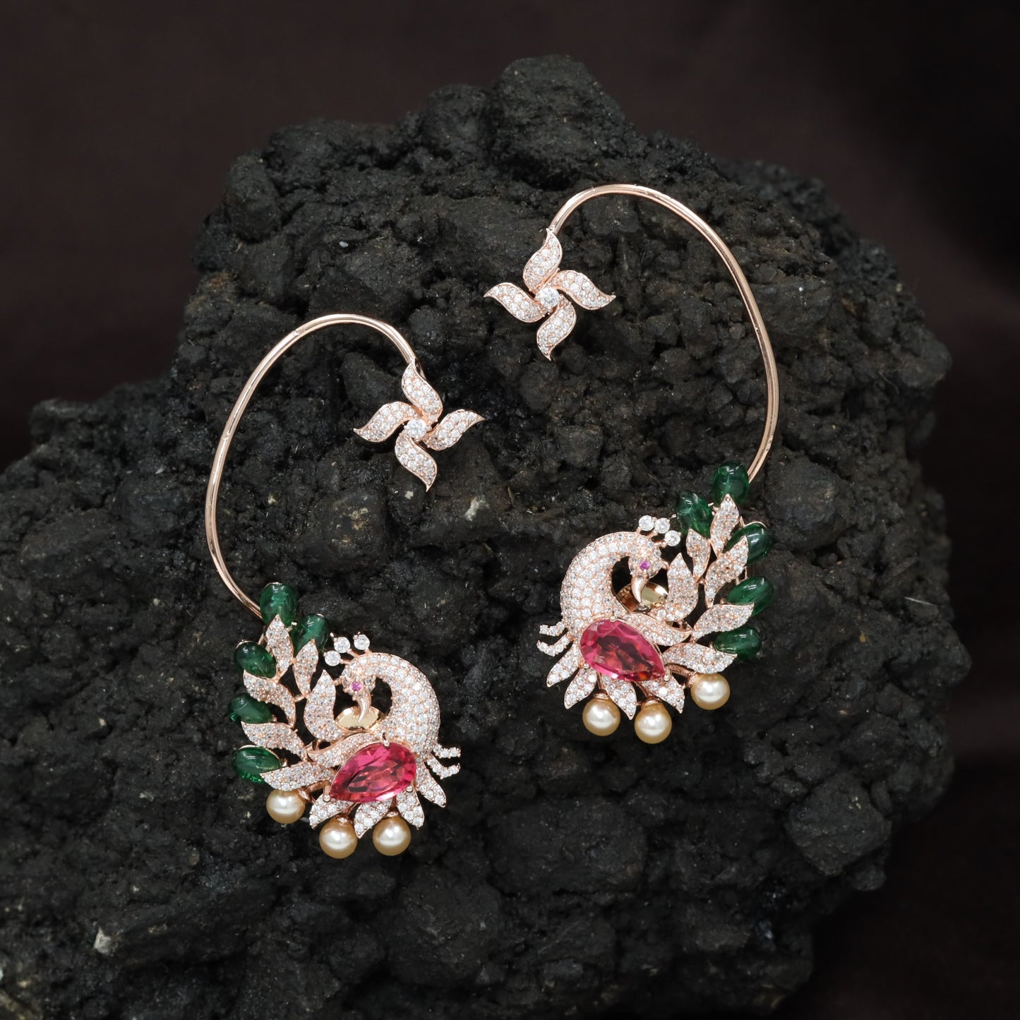 Peacock Design Ear Cuff with Decorative Leaf Arrangement
