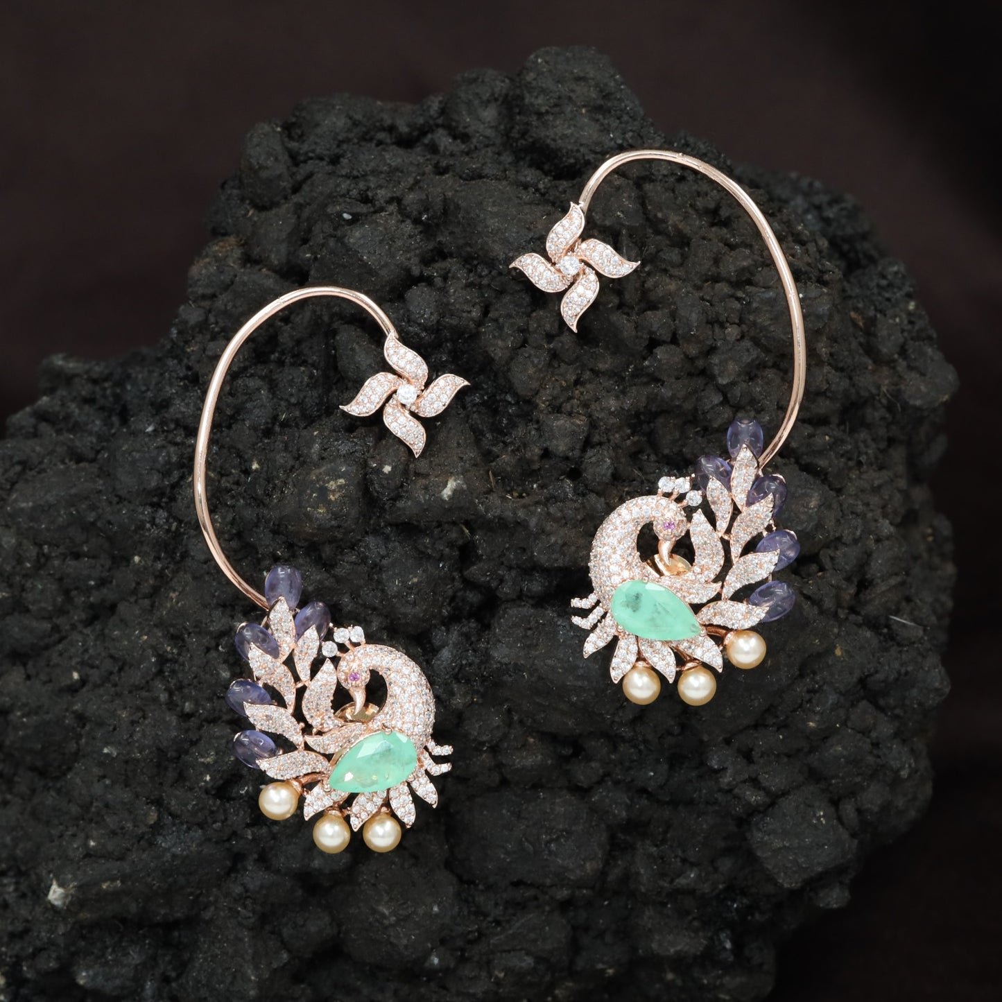 Peacock Design Ear Cuff with Decorative Leaf Arrangement