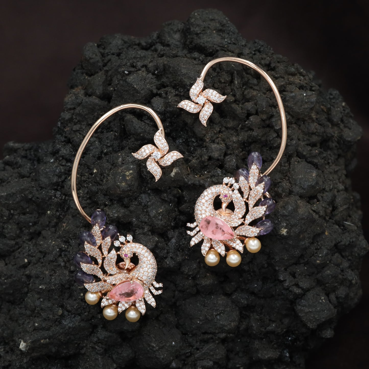 Peacock Design Ear Cuff with Decorative Leaf Arrangement