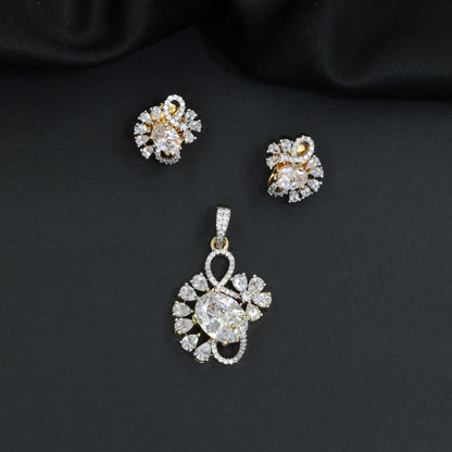 Floral swirl pendant set with leaf cluster detailing and matching stud earrings