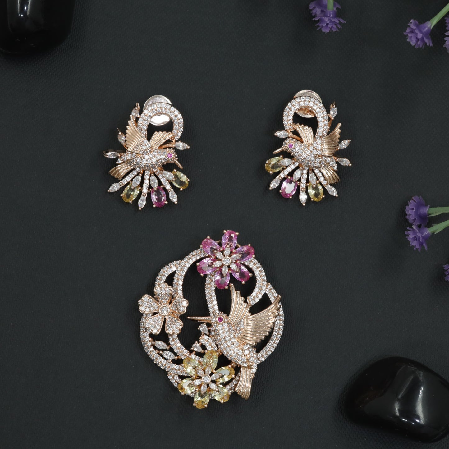Rose Gold Pendant Set with Pigeon and Bloom Detailing