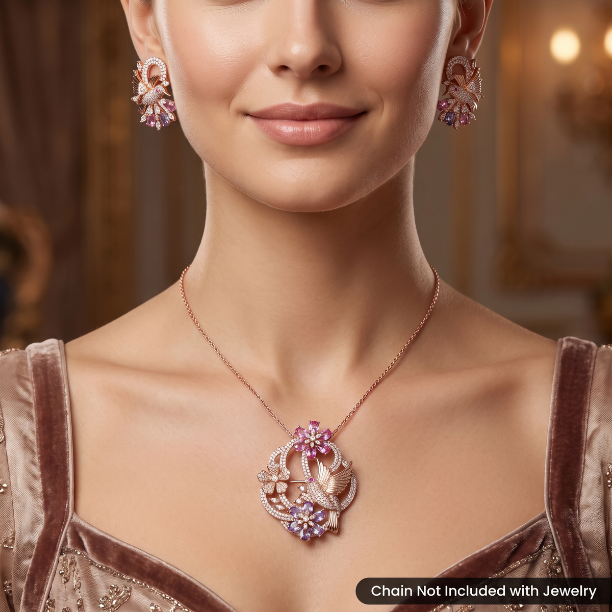 Rose Gold Pendant Set with Pigeon and Bloom Detailing