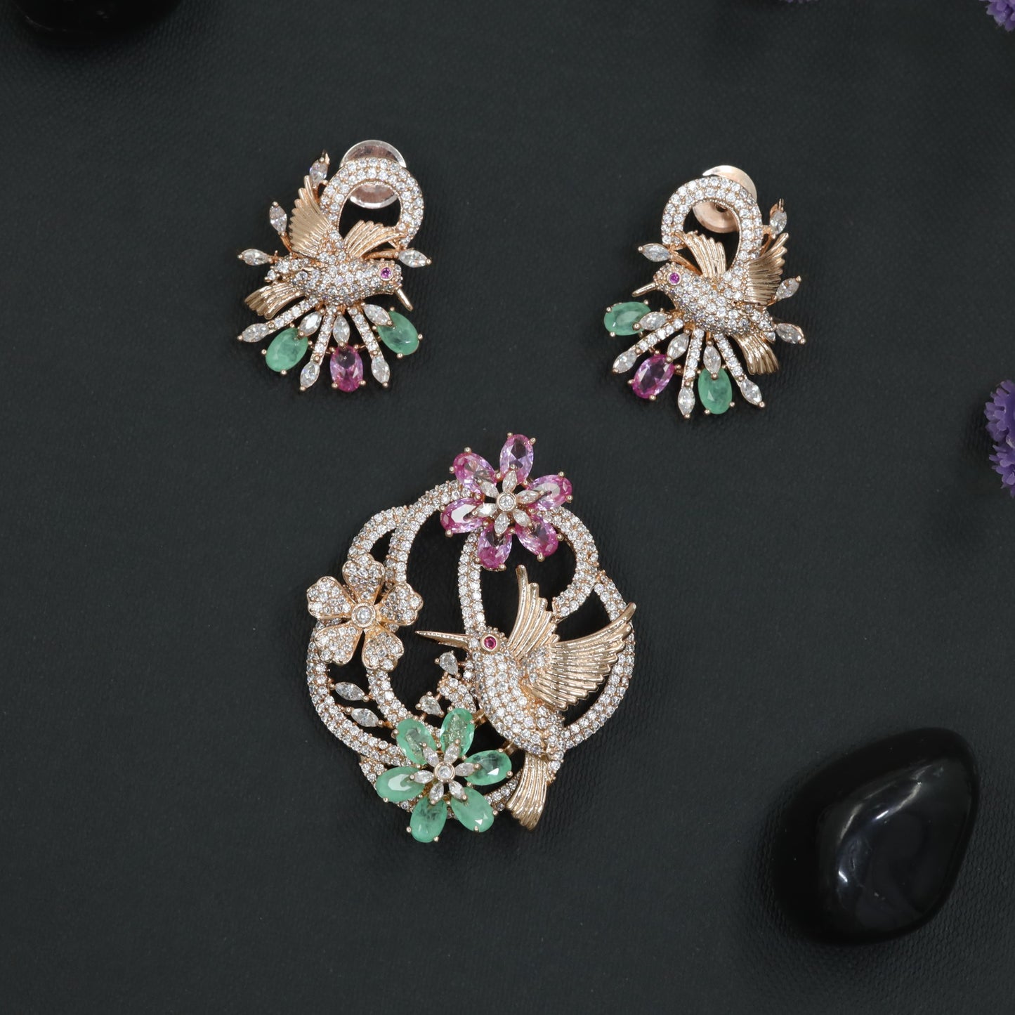 Rose Gold Pendant Set with Pigeon and Bloom Detailing