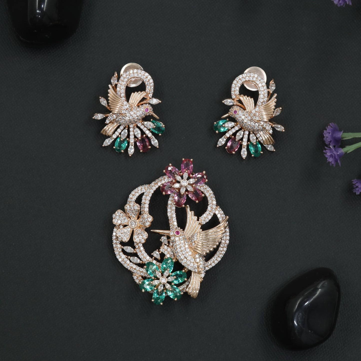 Rose Gold Pendant Set with Pigeon and Bloom Detailing