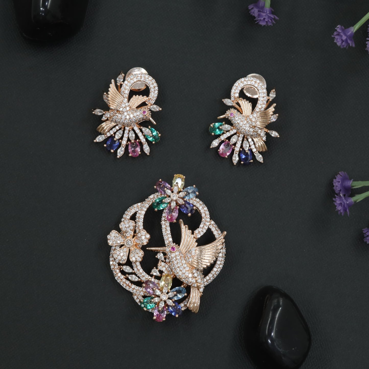 Rose Gold Pendant Set with Pigeon and Bloom Detailing